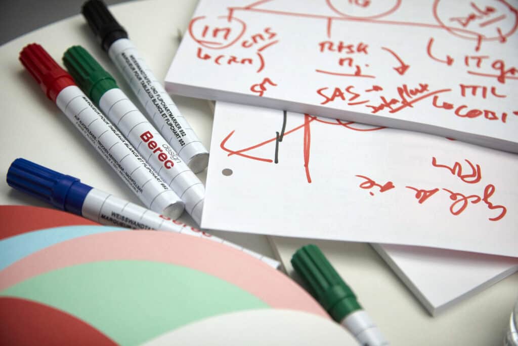 flipchart papir i markeri na stolu