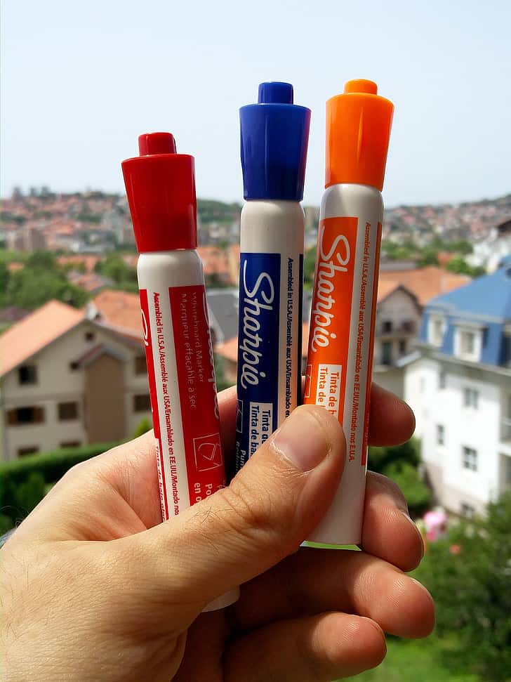 neko drzi markere za belu tablu u ruci, a u pozadini je grad