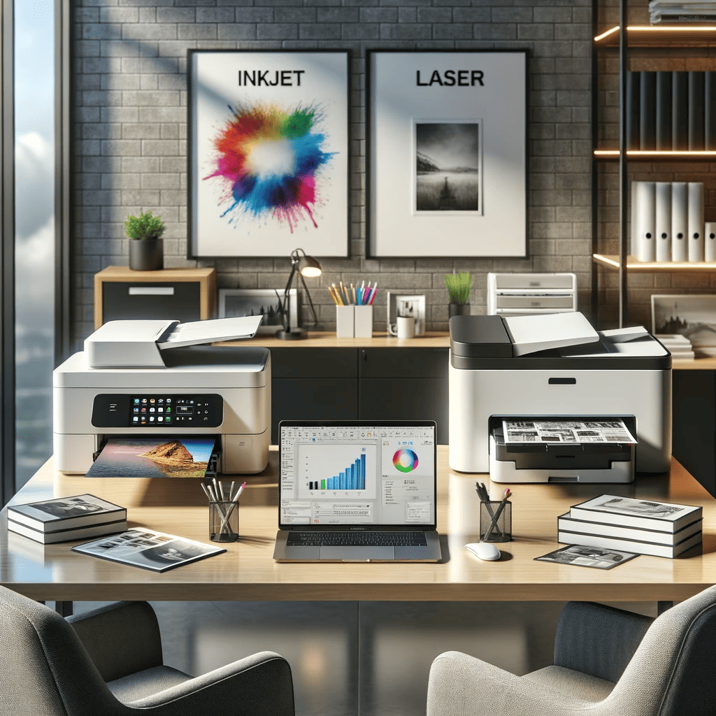 dva stampaca na stolu, jedan nasuport drugom, jedan je laserski stampac, drugi je inkjet